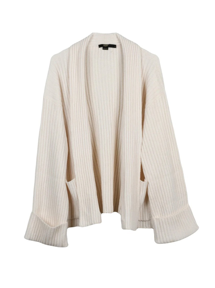 Seventy White Open-Front Ribbed Knit Wool Cardigan