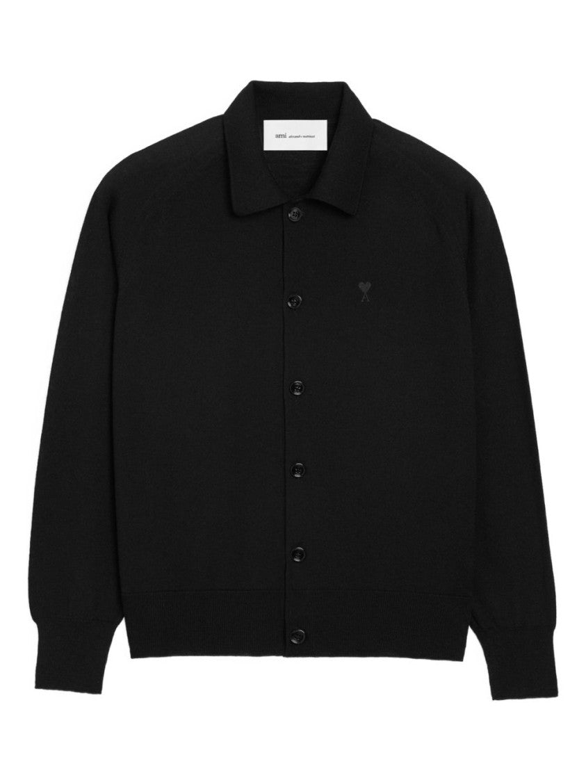 Ami Paris Black Polo Collar Embroidered Knit Sweater
