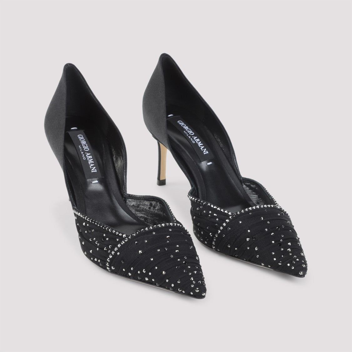Giorgio Armani Pointed-Toe Black Pumps With Pleated Design And Sparkling Embellishments