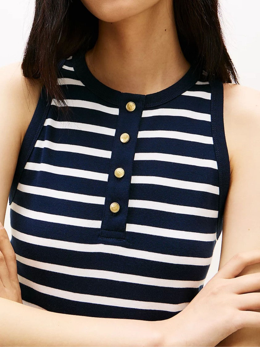 Tommy Hilfiger Striped Bodice Gold Button Midi Dress