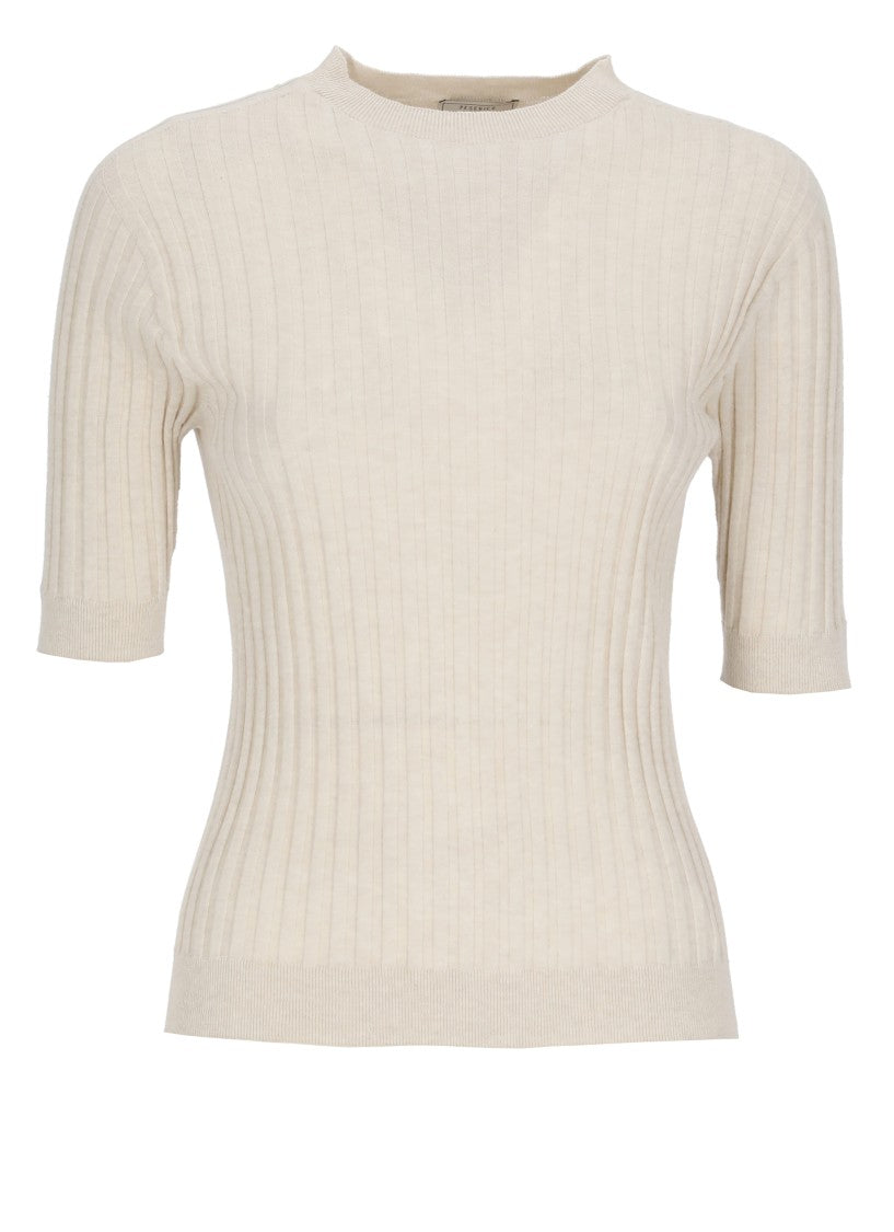 Peserico Beige Ribbed Pattern Cotton Knit Top