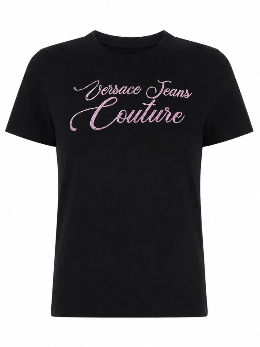 Versace Jeans Couture Cropped Cursive Logo Strass Cotton T-Shirt