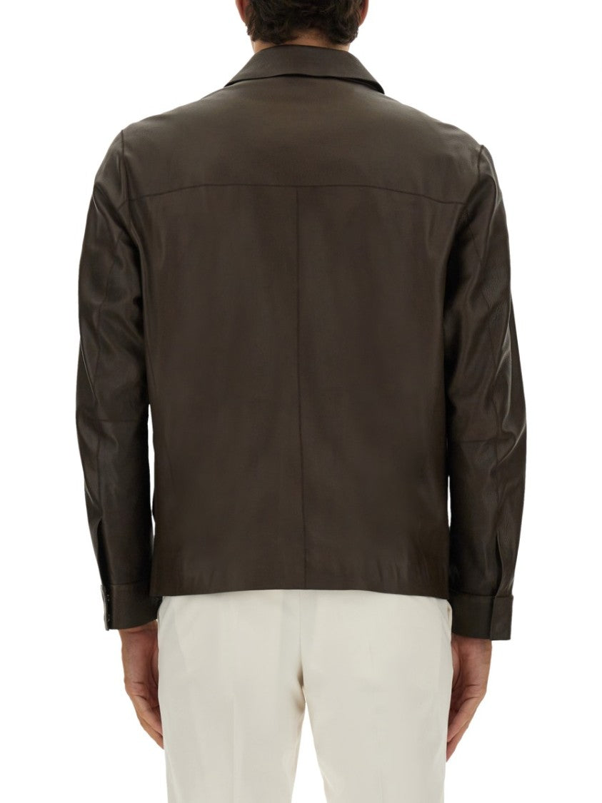Boss Camel Brown Leather Jacket With Classic Collar