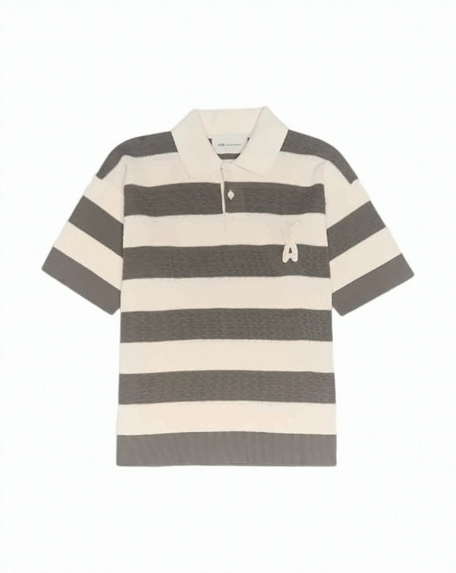 Ami Paris Neutrals Horizontal Striped Heart Emblem Polo
