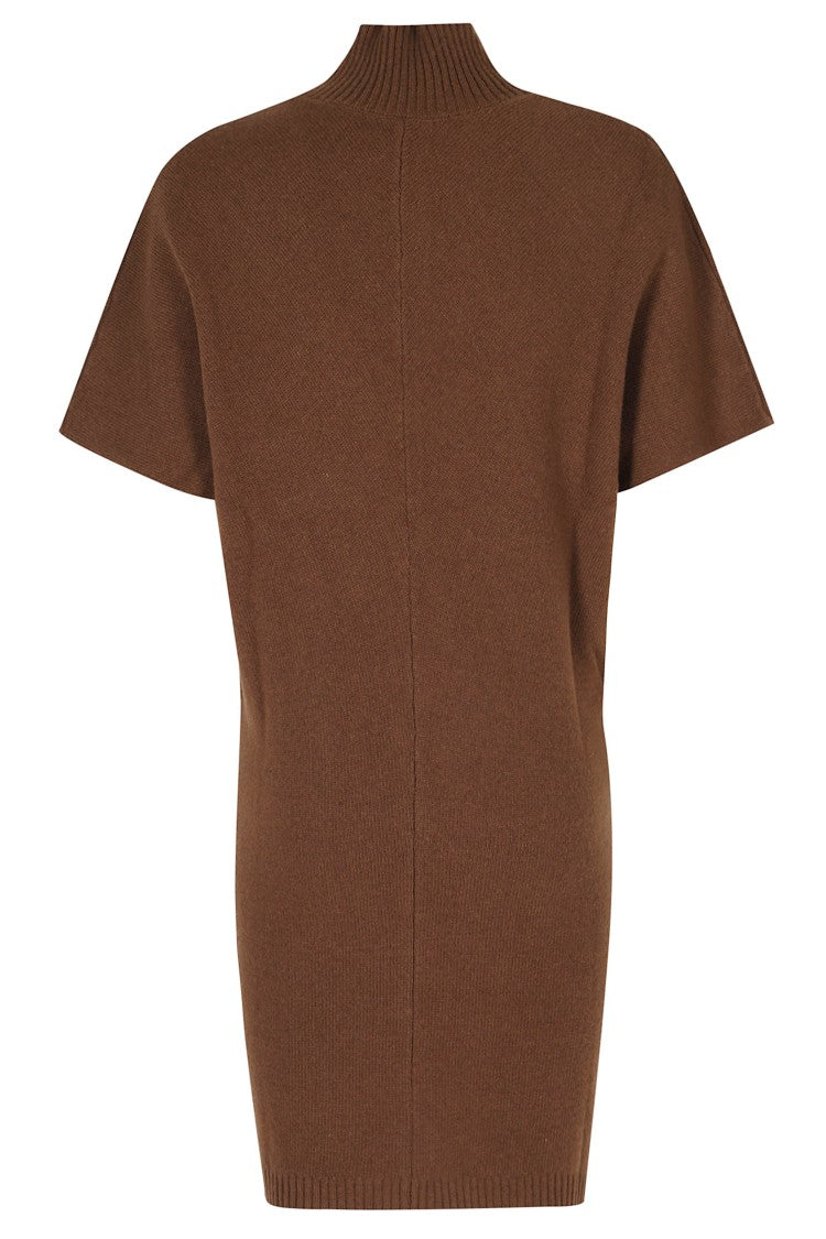 Federica Tosi Brown High Neck Ribbed Trim Wool-Blend Mini Dress
