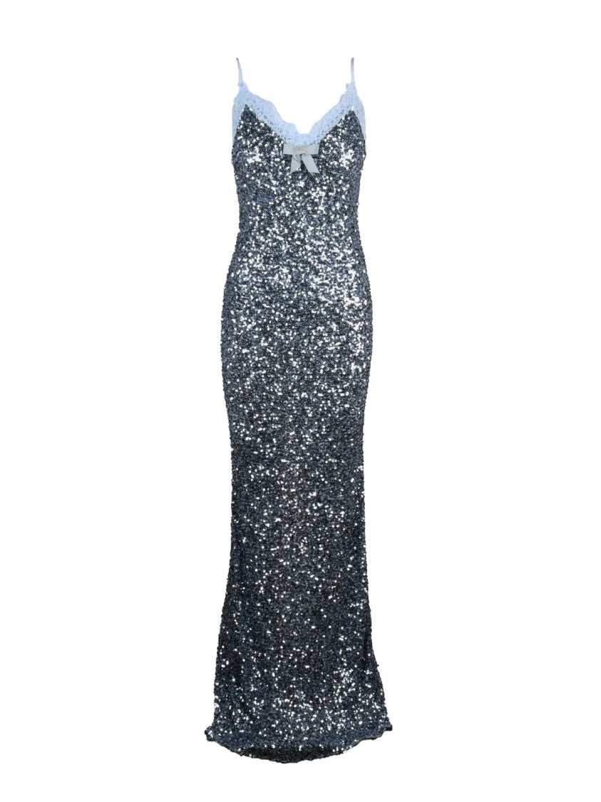 Elisabetta Franchi Silver/Light Blue Sequin Zip Long Dress