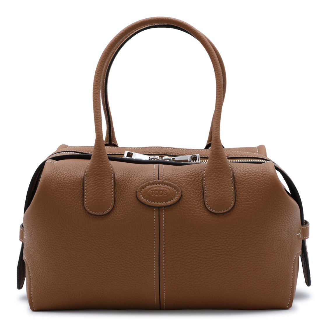Tod's Top Handle Logo Emblem Shoulder Bag Zip Closure Leather - Brown