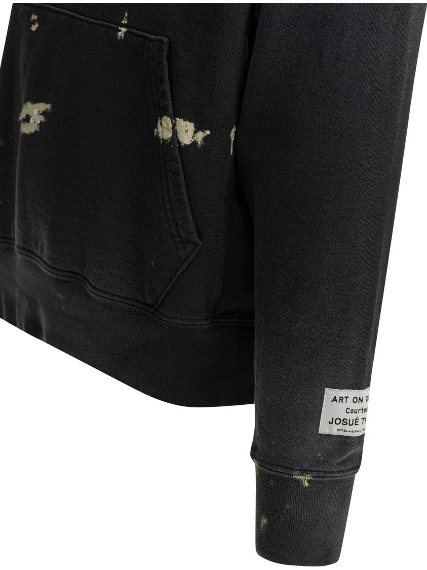 Gallery Dept. Distressed Black Cotton Hoodie With Paint Splatter Detail
