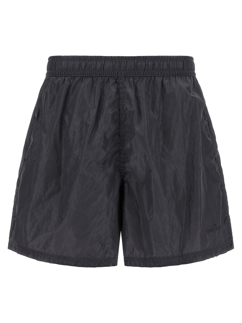 Stone Island Wrinkled Double Color Swim Shorts With Logo Print And Drawstring Waistband