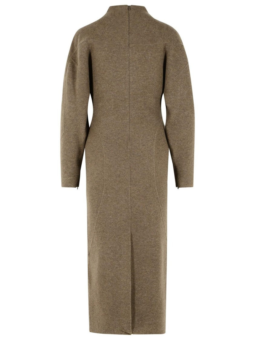 Max Mara Fitted Brown Wool And Cashmere Midi Dress With Riser Collar