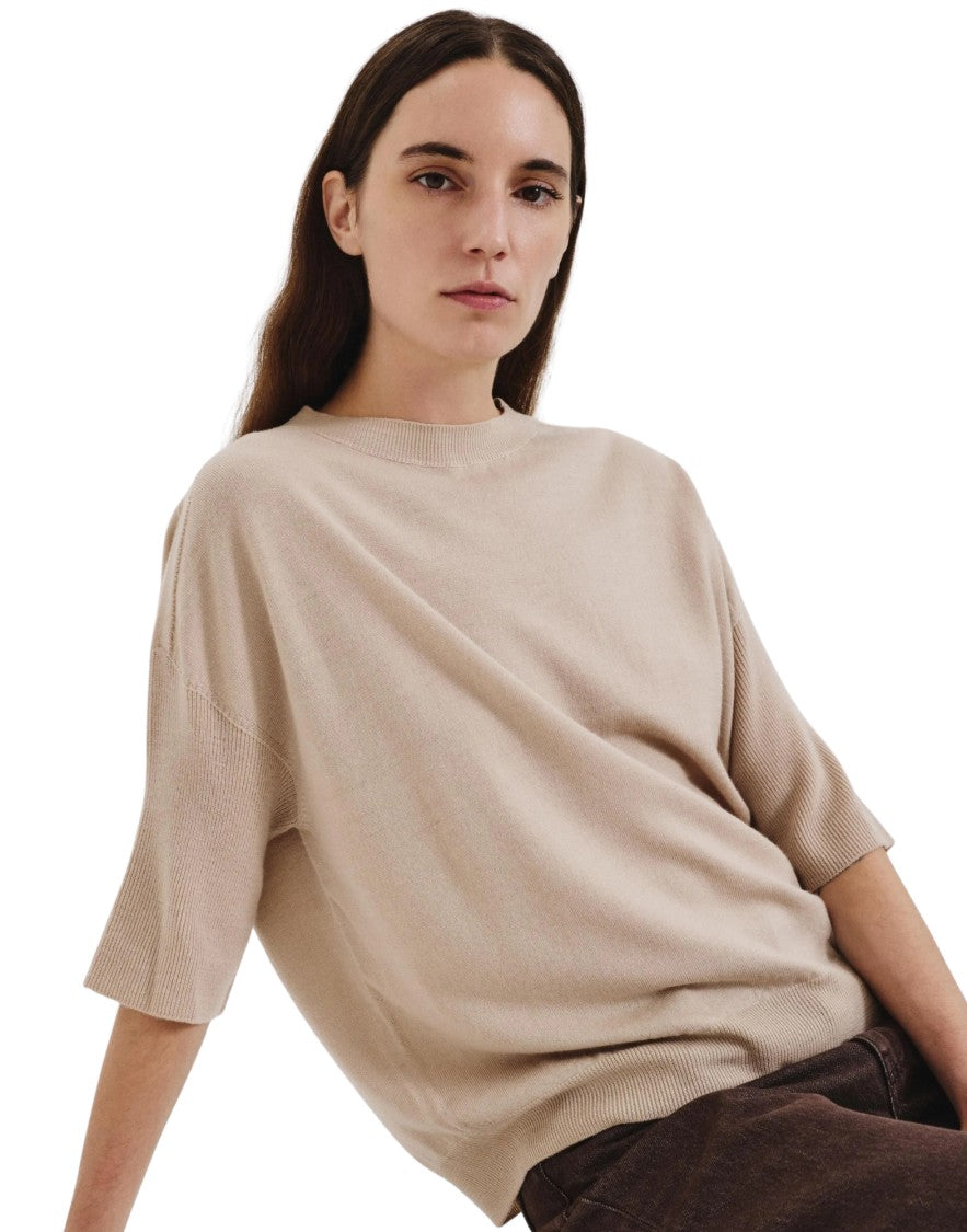 Pomandère Sand Ribbed Sleeve Wool-Blend T-Shirt