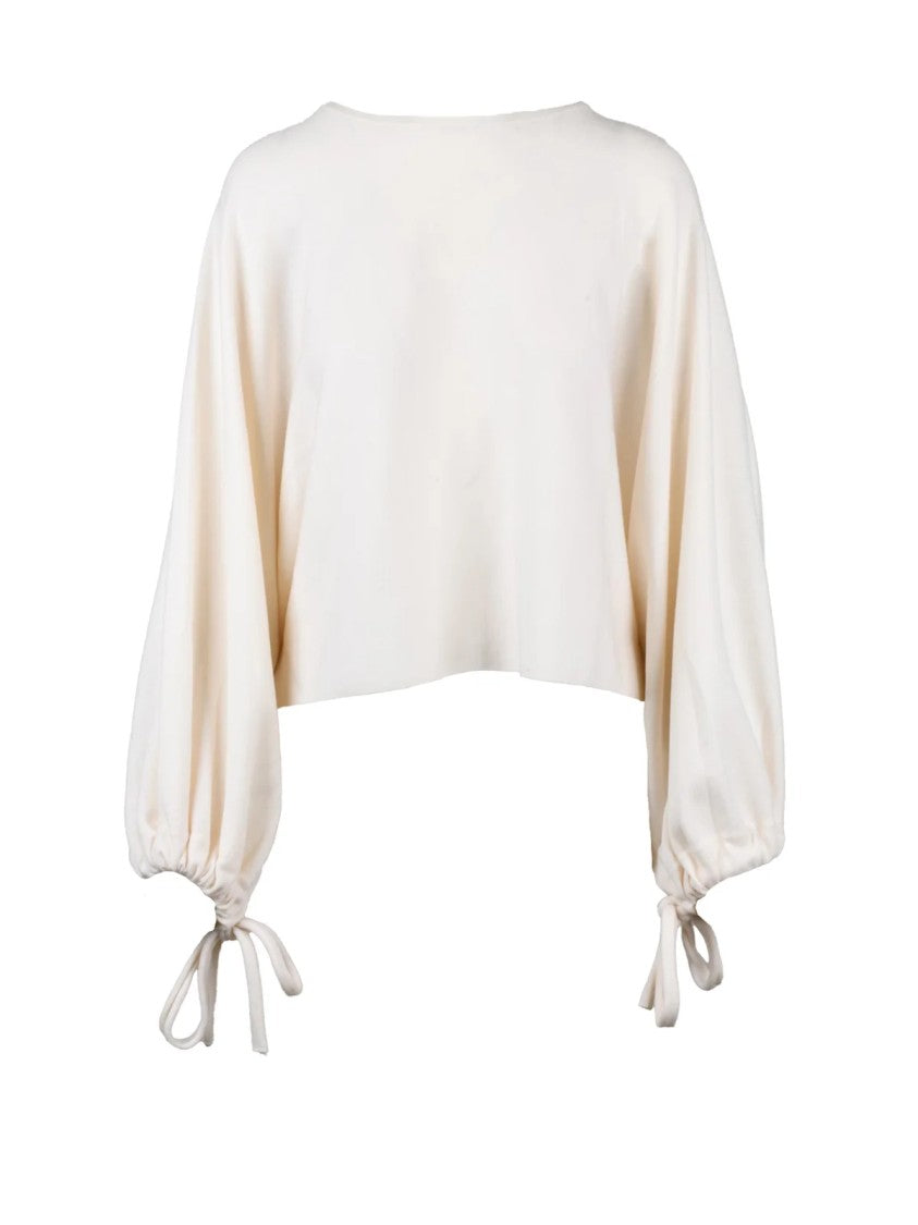 Max Mara Short Cream Sweater With Wide Sleeves And Drawstring Detailing
