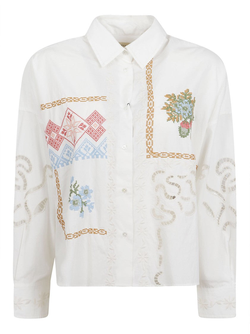 Max Mara Cropped Long-Sleeve Shirt With Cross-Stitch Embroidery And Lace Accents