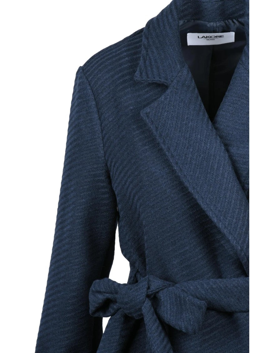 Lakore Midnight Blue Belted Wool-Blend Long Coat