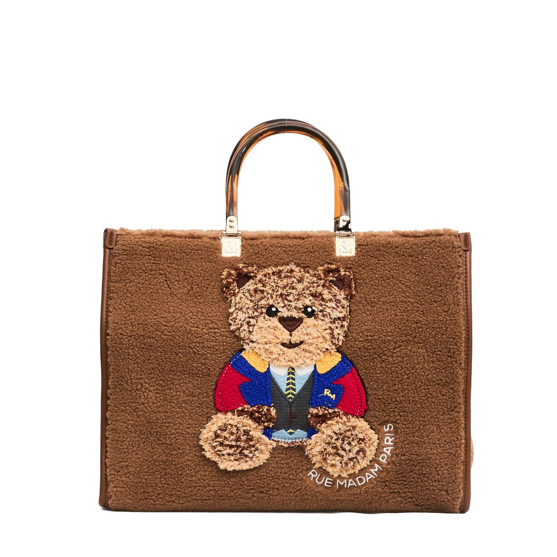 Rue Madame Textured Teddy Bear Tote Bag With Tortoiseshell Handles