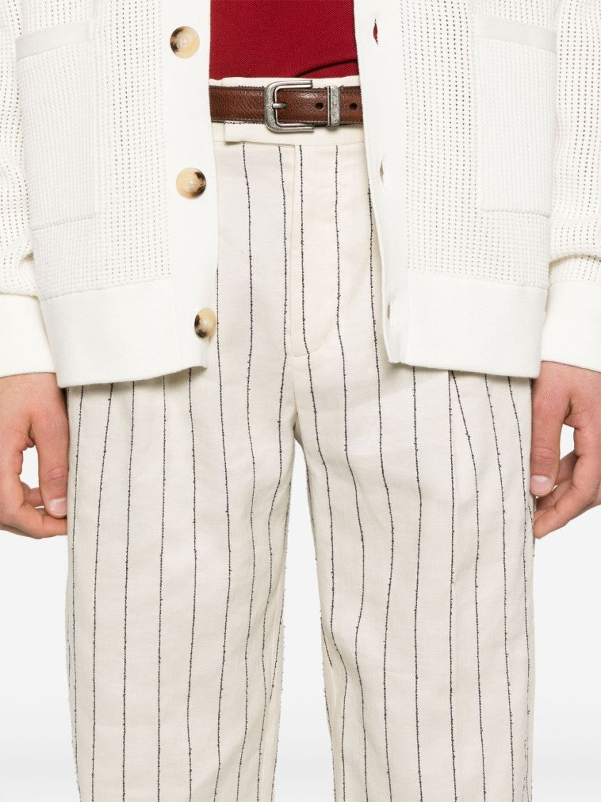 Drôle De Monsieur Tailored Beige Trousers With Sophisticated Pinstripe Design