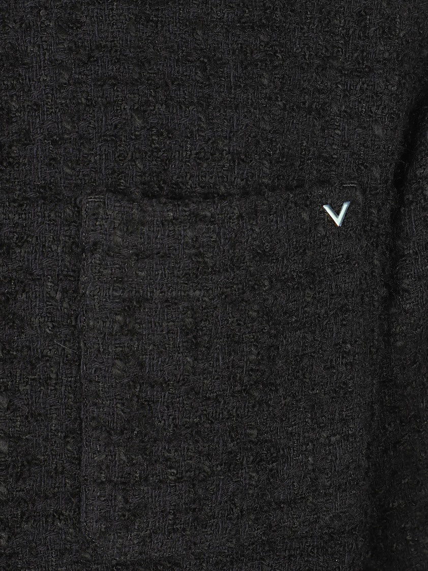 Valentino Garavani Textured Black Coat With Classic Collar And Subtle Checkered Pattern