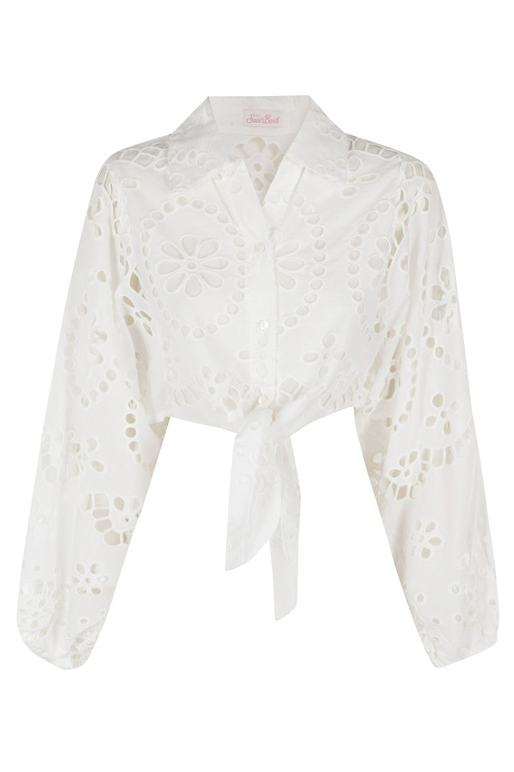 Mc2 Saint Barth Cropped White Shirt With Lace Design