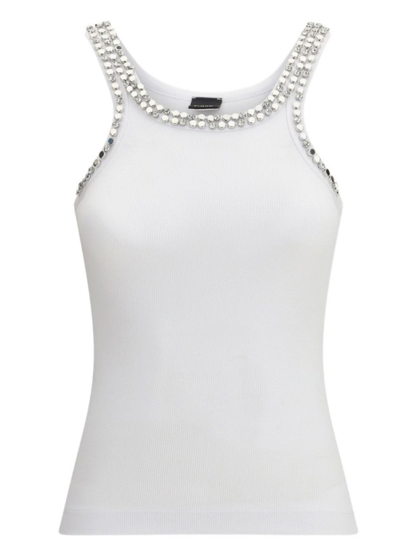 Pinko Sleeveless Ribbed Top With Studded Neckline