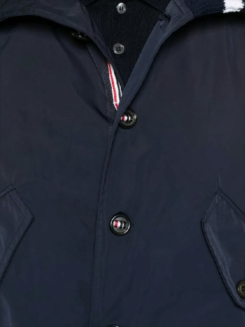 Thom Browne Cropped Blue Bomber Jacket With Ribbed Details And Button Closure
