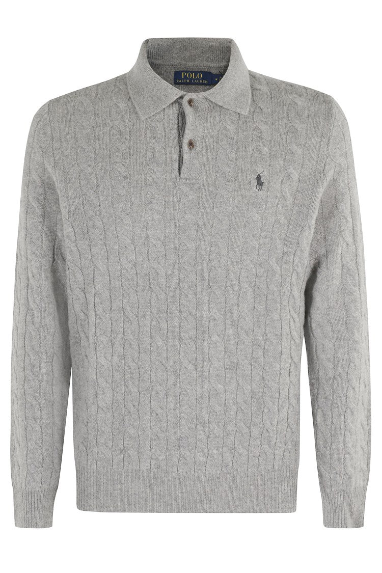Polo Ralph Lauren Braid-Patterned Heather Grey Long Sleeve Polo Pullover