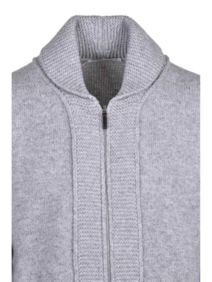 Kangra Light Grey Wool Zip Jacket With Textured Knit And Ribbed Details