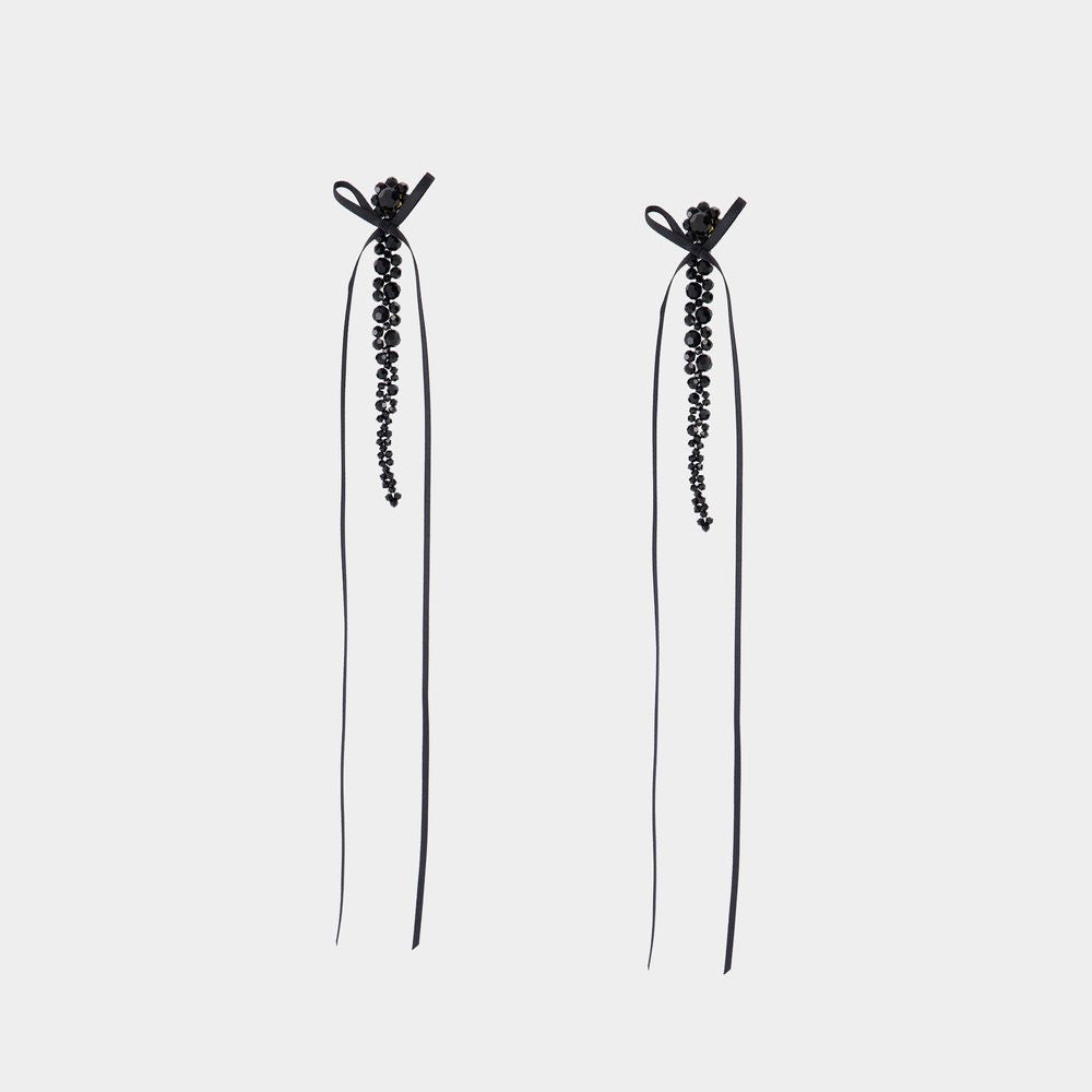 Simone Rocha Slim Bow Ribbon Drip Earrings - Crystal - Black