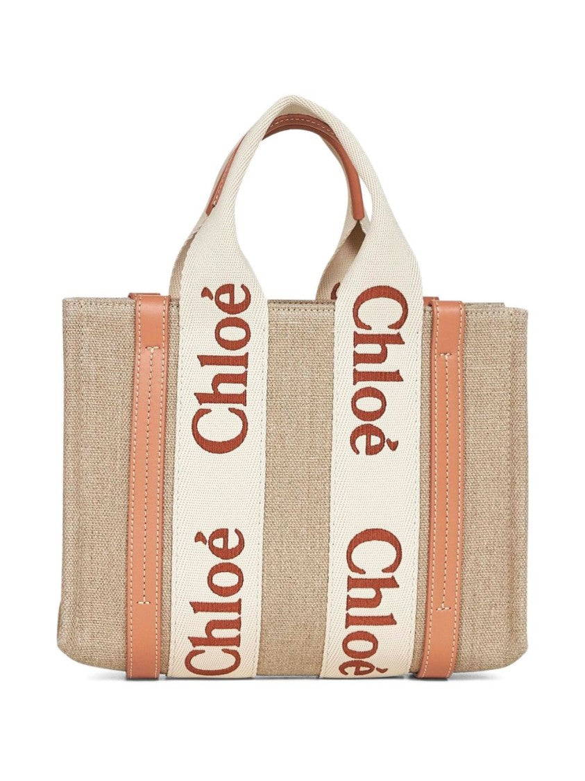Chloé Structured Linen And Leather Handbag With Bold Branding