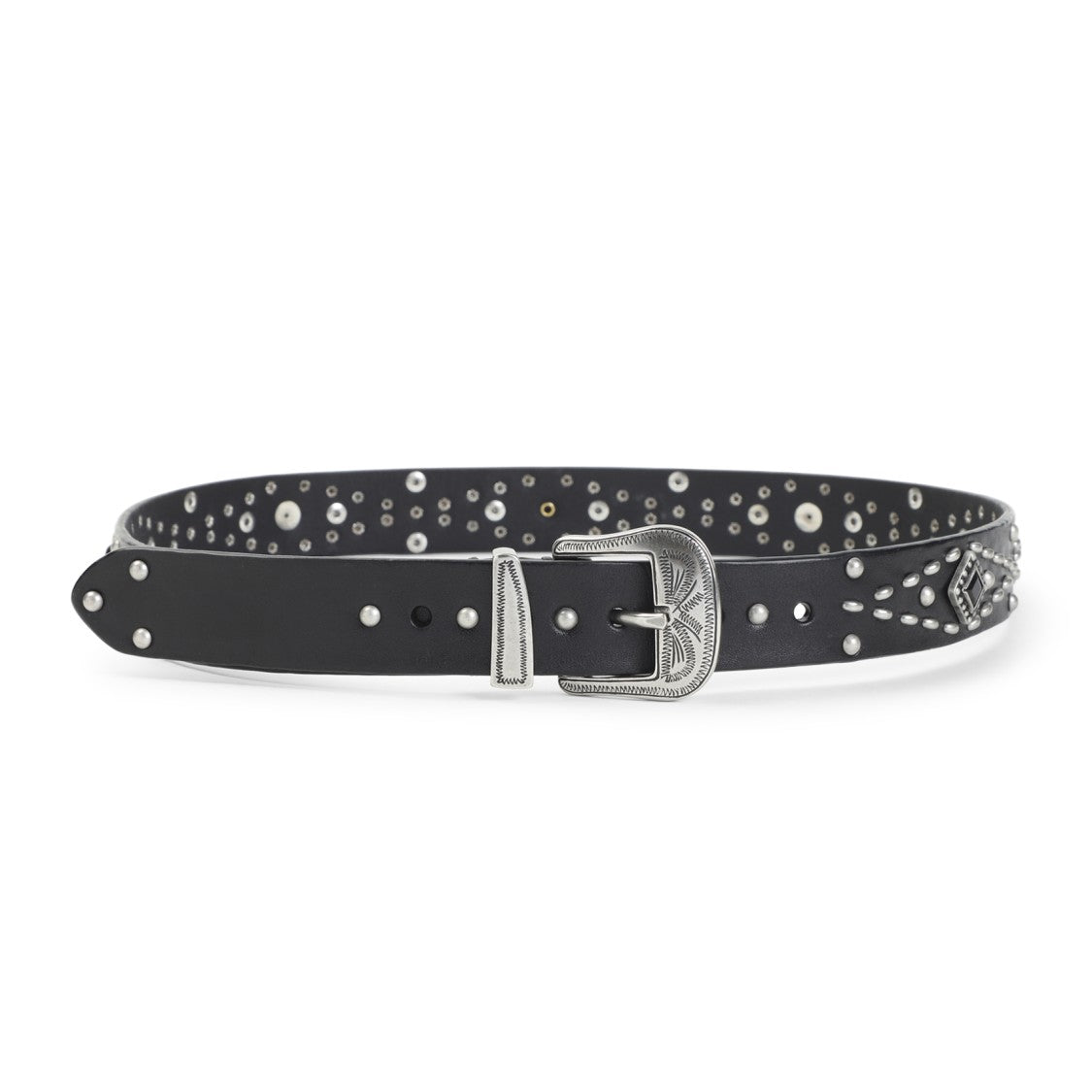 Golden Goose Black Leather Belt With Silver-Tone Studs And Vintage Buckle