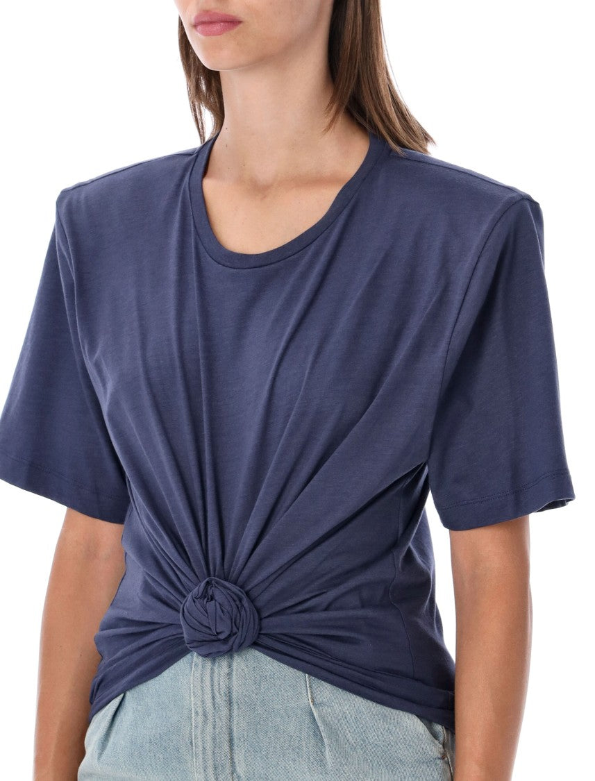 Magda Butrym Front Knot Draped Blue T-Shirt With Removable Shoulder Pads
