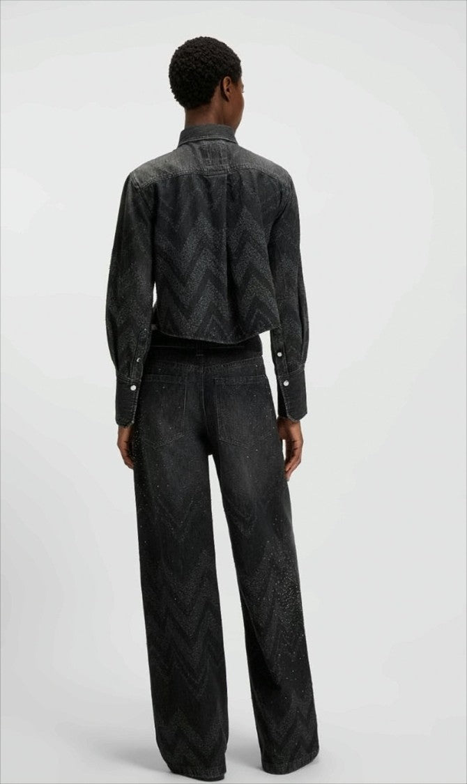 Boss Short Black Denim Jacket With Crystal Embellishments