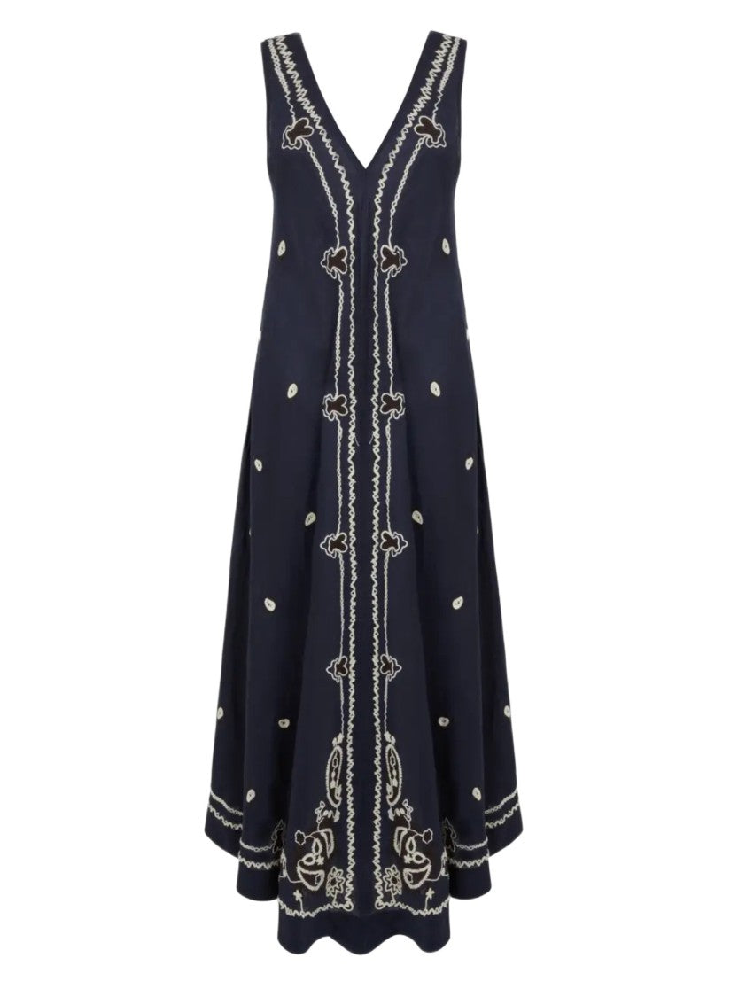 Parosh Sleeveless Blue Maxi Dress With Ethnic Embroidery