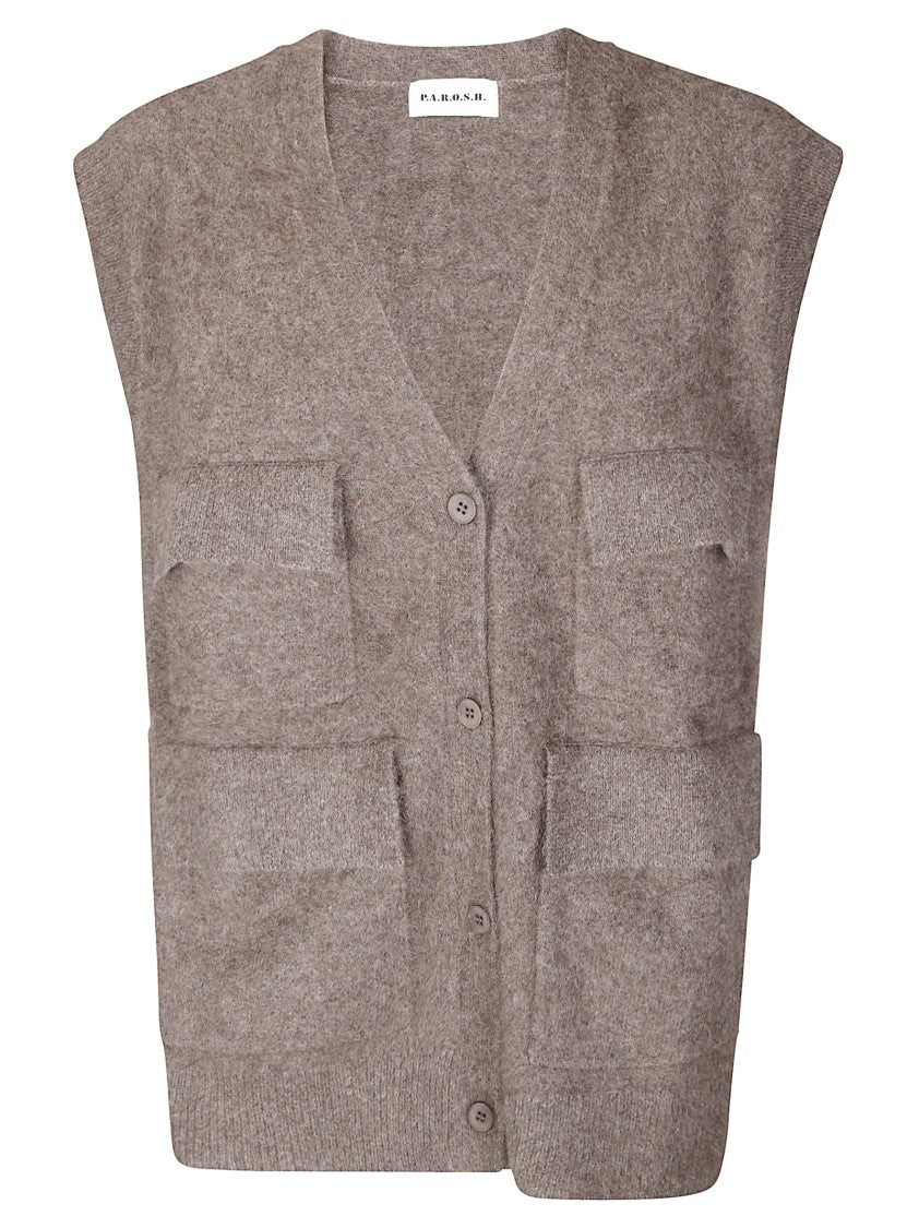 P.A.R.O.S.H. Multi-Pocket Brown Utility Vest With Oversized Fit