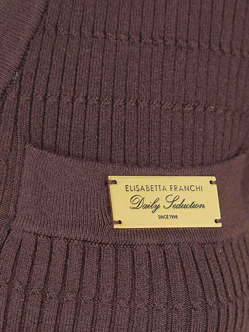 Elisabetta Franchi Ribbed Knit Sweater With Deep V-Neck And Gold Accents