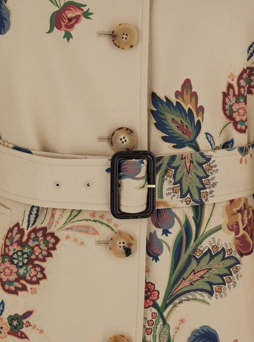 Etro Floral Pattern Cape With Classic Collar And Belted Waist