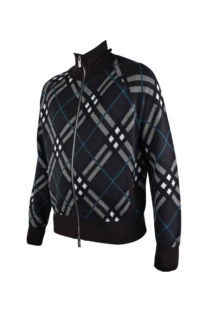 Burberry Check Pattern Wool Cardigan With High Collar