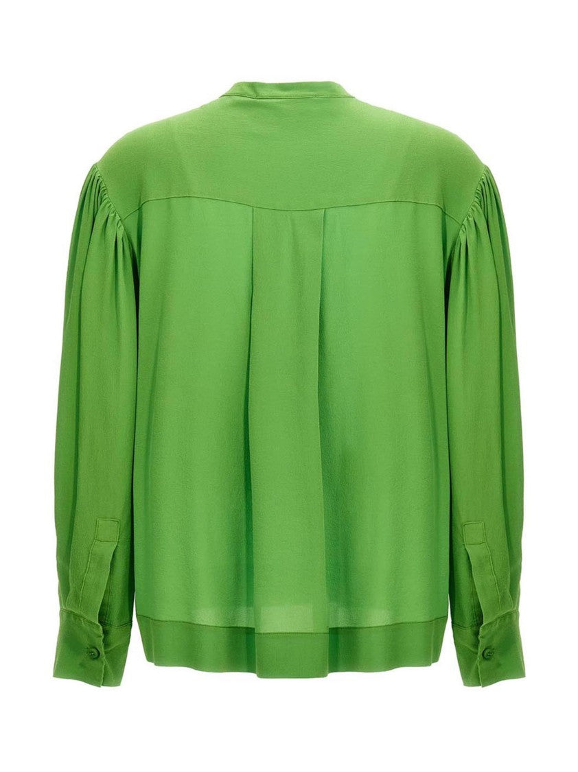 Nude Emerald Silk Blouse With Cuffed Long Sleeves