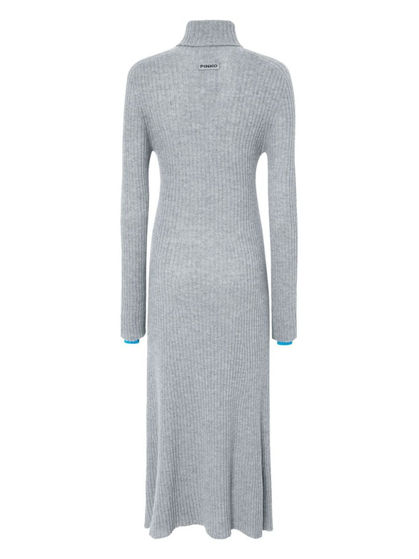 Pinko Ribbed High-Neck Grey Maxi Dress With Flow