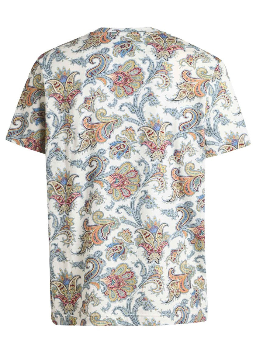 Etro White Crewneck T-Shirt With Maxi Flower Paisley Print