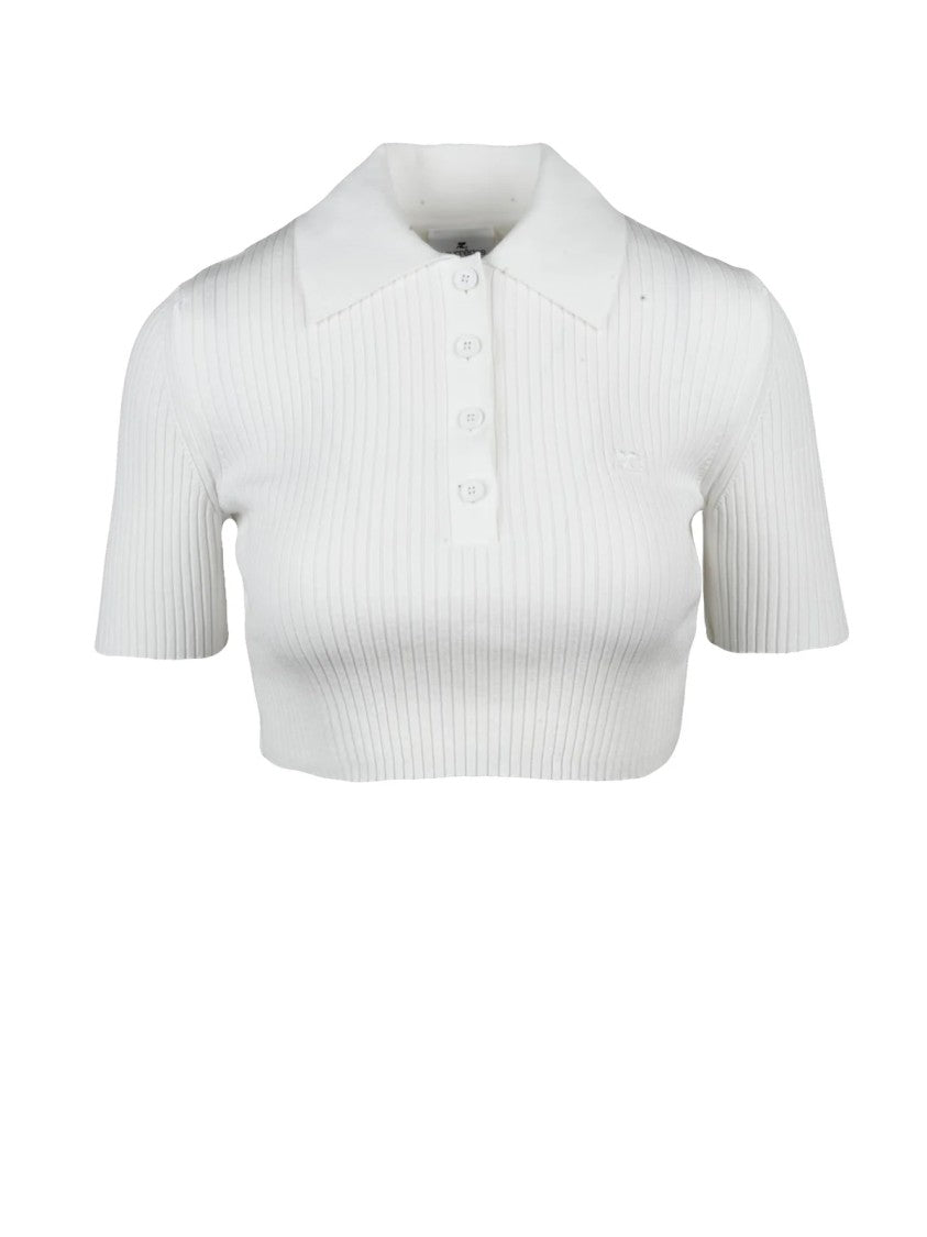 Courrèges Short Ribbed Knit Polo With Classic Collar And Button Placket