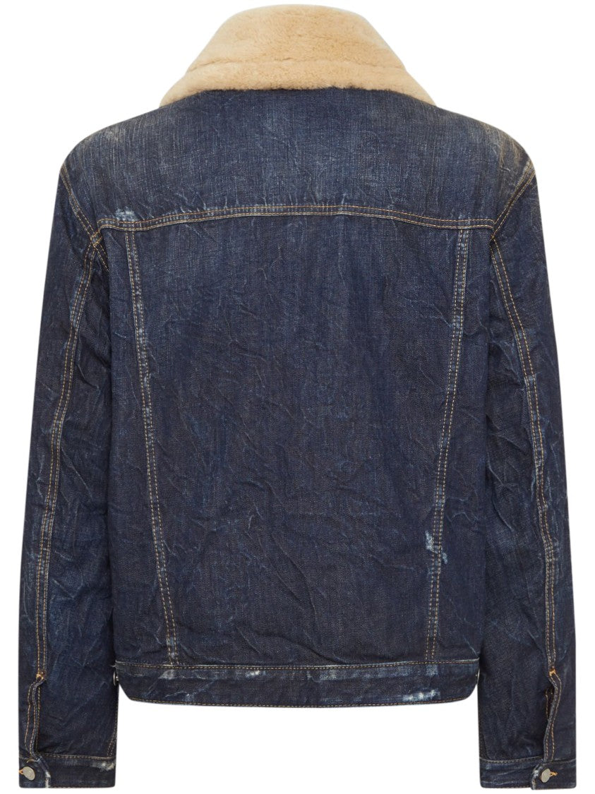 Dsquared2 Distressed Denim Aviator Jacket With Shearling Collar