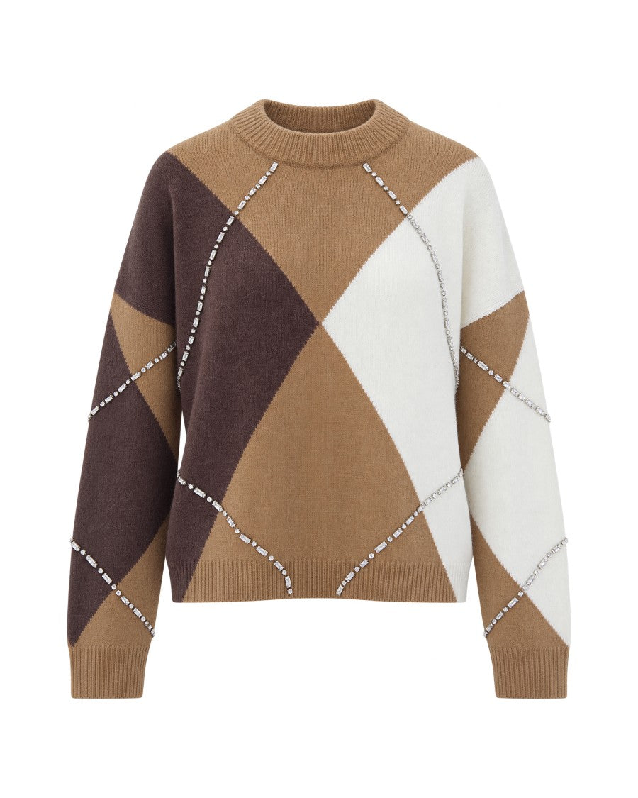 Liu Jo Camel Argyle Rhinestone Knit Sweater