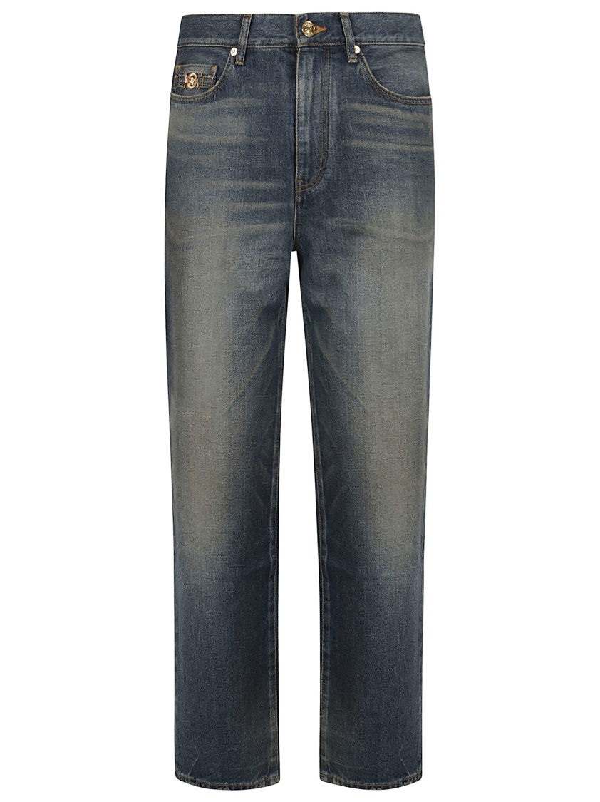 Versace Medium Stonewashed Pencil-Fit Jeans With Medusa Biggie Accessory