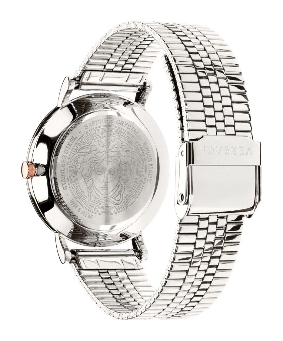 Versace V-Essential 36Mm Steel Watch With Deep Blue Dial And Medusa Design