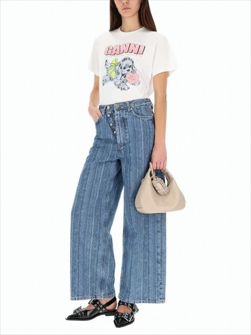 Ganni Wide-Leg Denim Pants With Vertical Striped Pattern