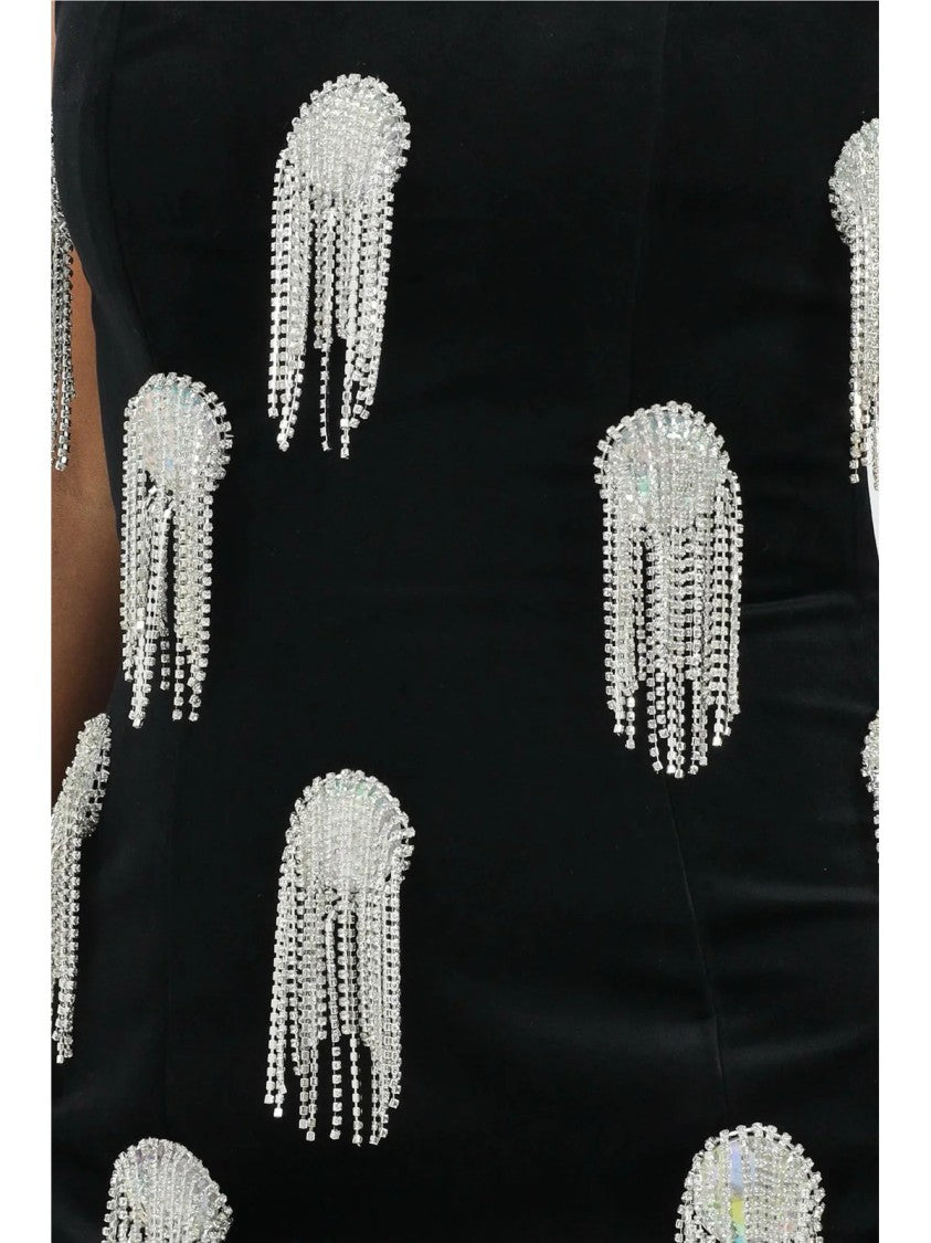 Odi Odi Black Velvet Mini Dress With Bustier Neckline And Crystal Fringe