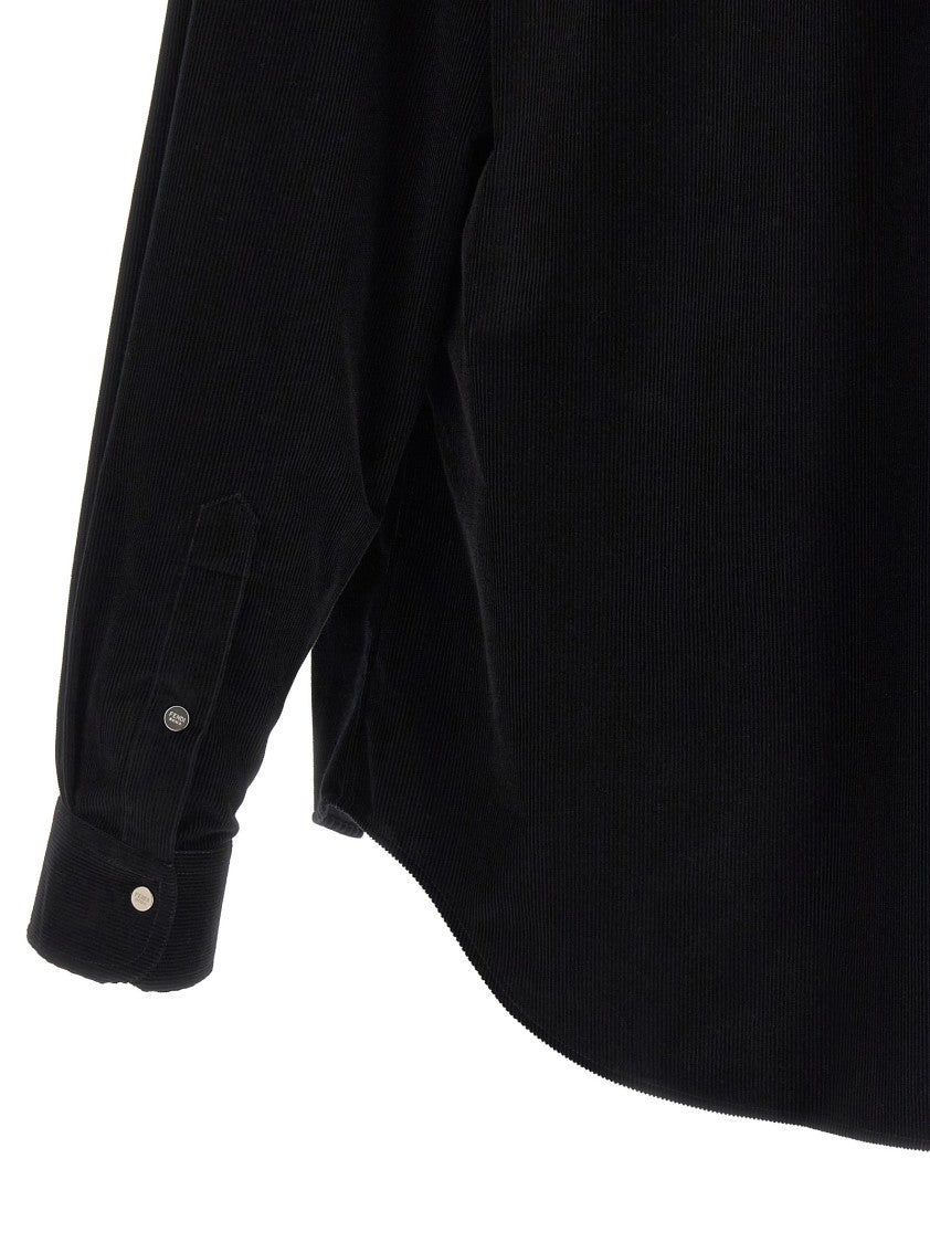 Fendi Textured Black Corduroy Shirt With Button-Down Collar And Embroidered Logo