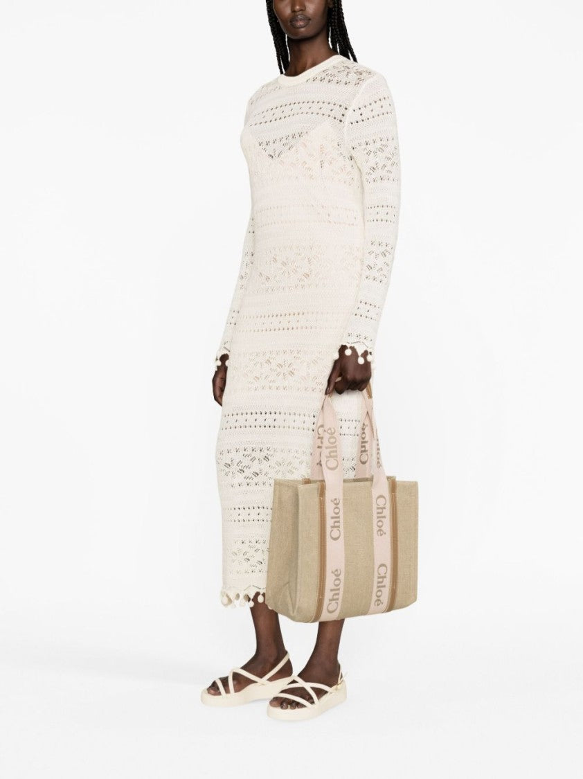 Chloé Textured Linen Tote Bag With Contrasting Handles