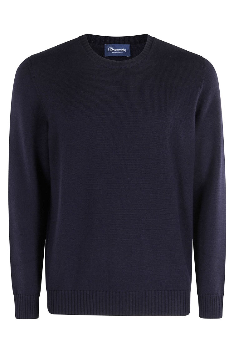 Drumohr Blue Double-Ply Merino Wool Crew Neck Sweater