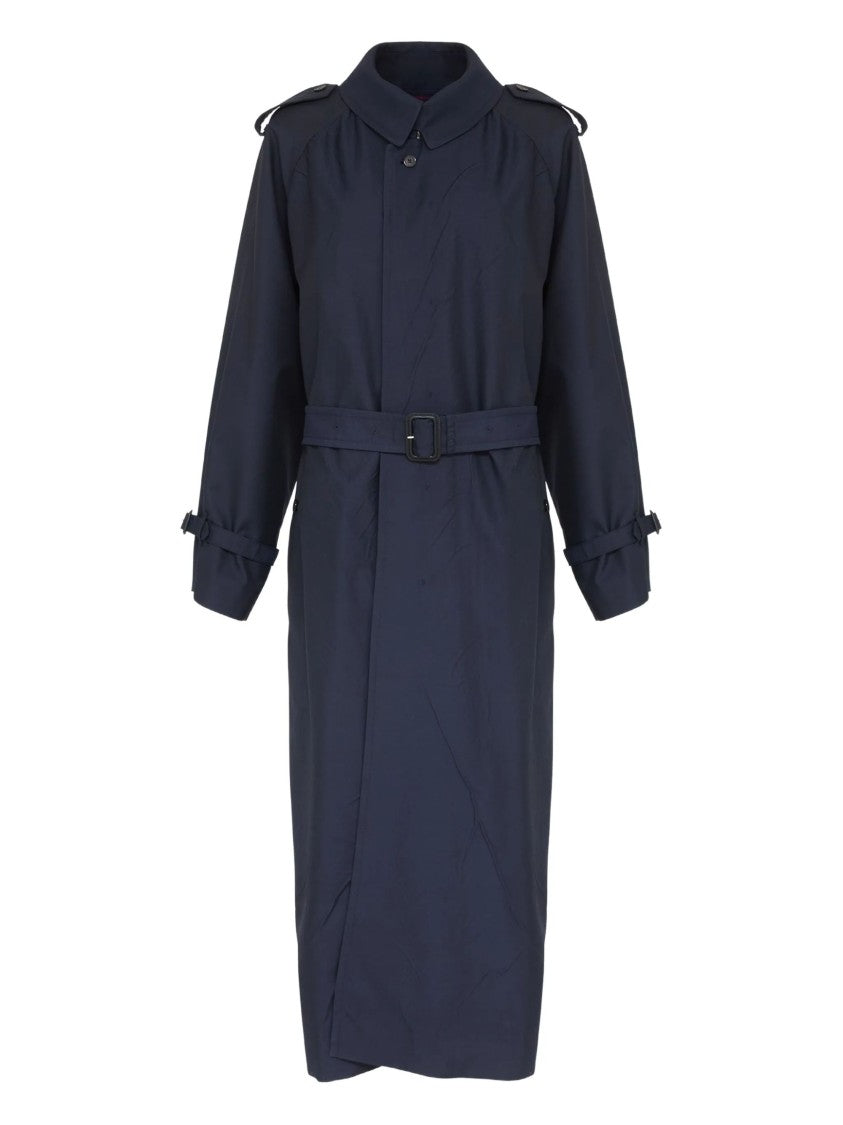 Maison Margiela Navy Virgin Wool Long Raincoat With Belted Cuffs